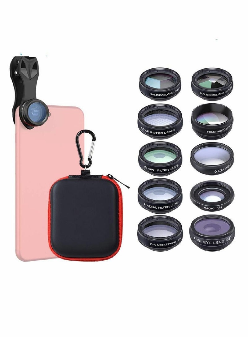 Phone Camera Lens Kit with 0.63X Wide Angle, 15X Macro, 198 Degree Fisheye, 2X Telephoto, CPL, Star Filter, Radial Filter, Flow Filter, Kaleidoscope 3, Kaleidoscope 6 Compatible with Android iPhone