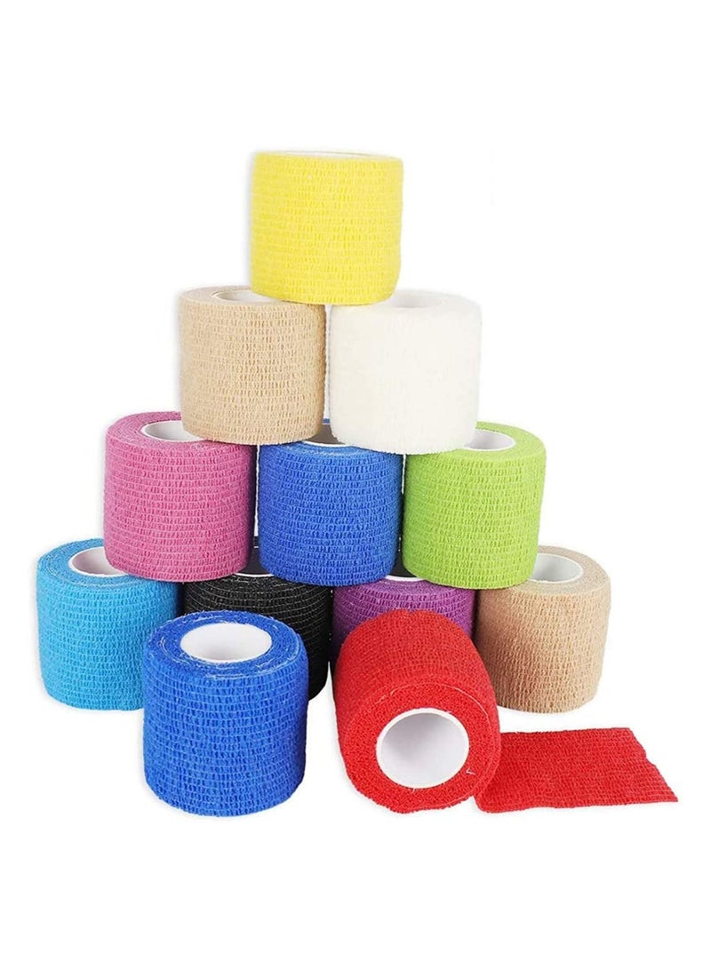 Cohesive Bandages 12 Rolls 10 Colour Self Adherent Non Woven Bandage Wrap Pet Vet Elastic Sports Water Repellent Breathable for Wrist Ankle Strains Sprains Swelling
