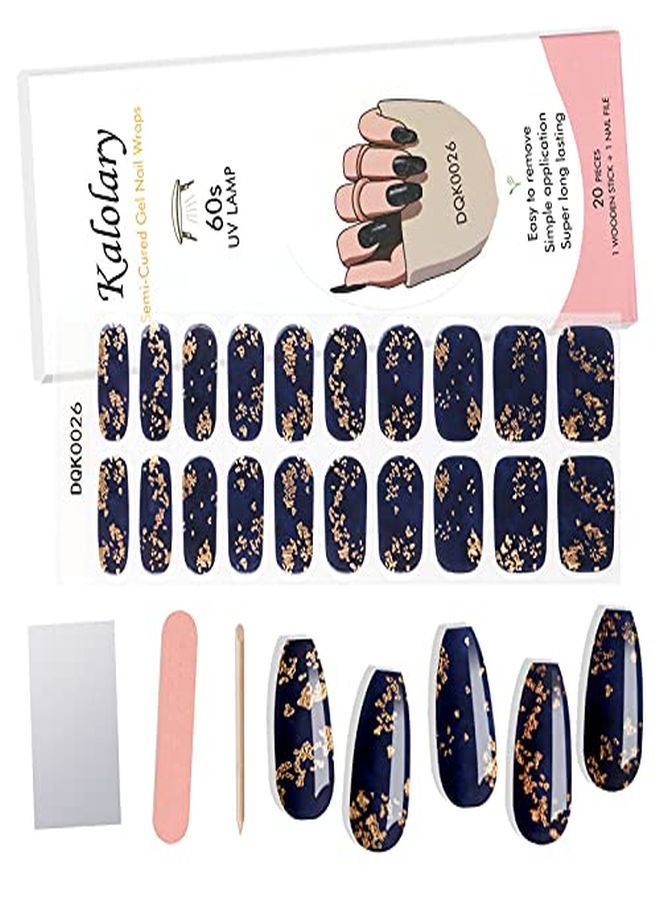 20Pcs Semi Cured Gel Nail Polish Strips Blue Gold Foil Full Wraps Gel Nail Stickers Waterproof Nail Art Set With Nail File And Stick For Women Girls Nail Decoration (Uv/Led Lamp Required)