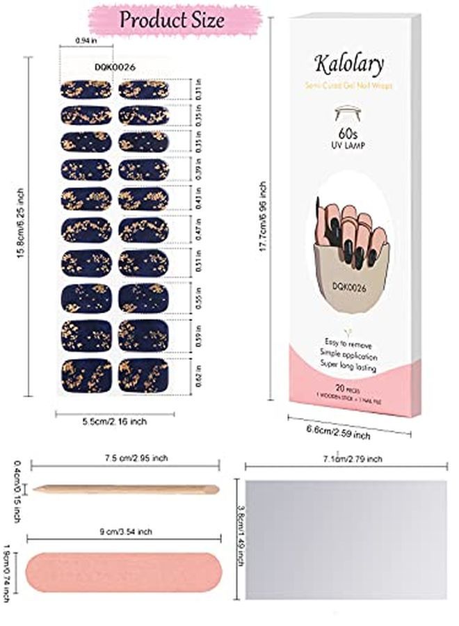 20Pcs Semi Cured Gel Nail Polish Strips Blue Gold Foil Full Wraps Gel Nail Stickers Waterproof Nail Art Set With Nail File And Stick For Women Girls Nail Decoration (Uv/Led Lamp Required)