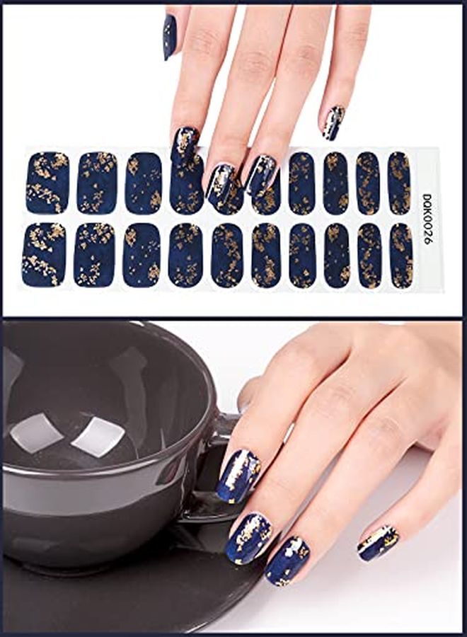 20Pcs Semi Cured Gel Nail Polish Strips Blue Gold Foil Full Wraps Gel Nail Stickers Waterproof Nail Art Set With Nail File And Stick For Women Girls Nail Decoration (Uv/Led Lamp Required)