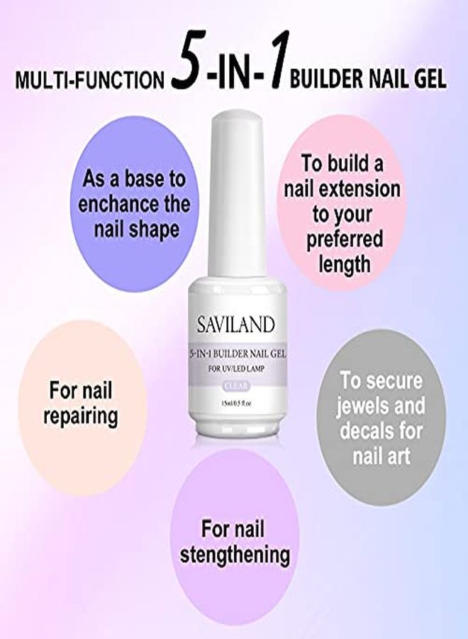 5 In 1 Clear Builder Base Gels - 15Ml Quick Building Nail Strengthener Gel, Uv/Led Nail Polish Gel For Broken Nails Repair Nails Extension Nail Decoration, Professional Nail Repair Supplies