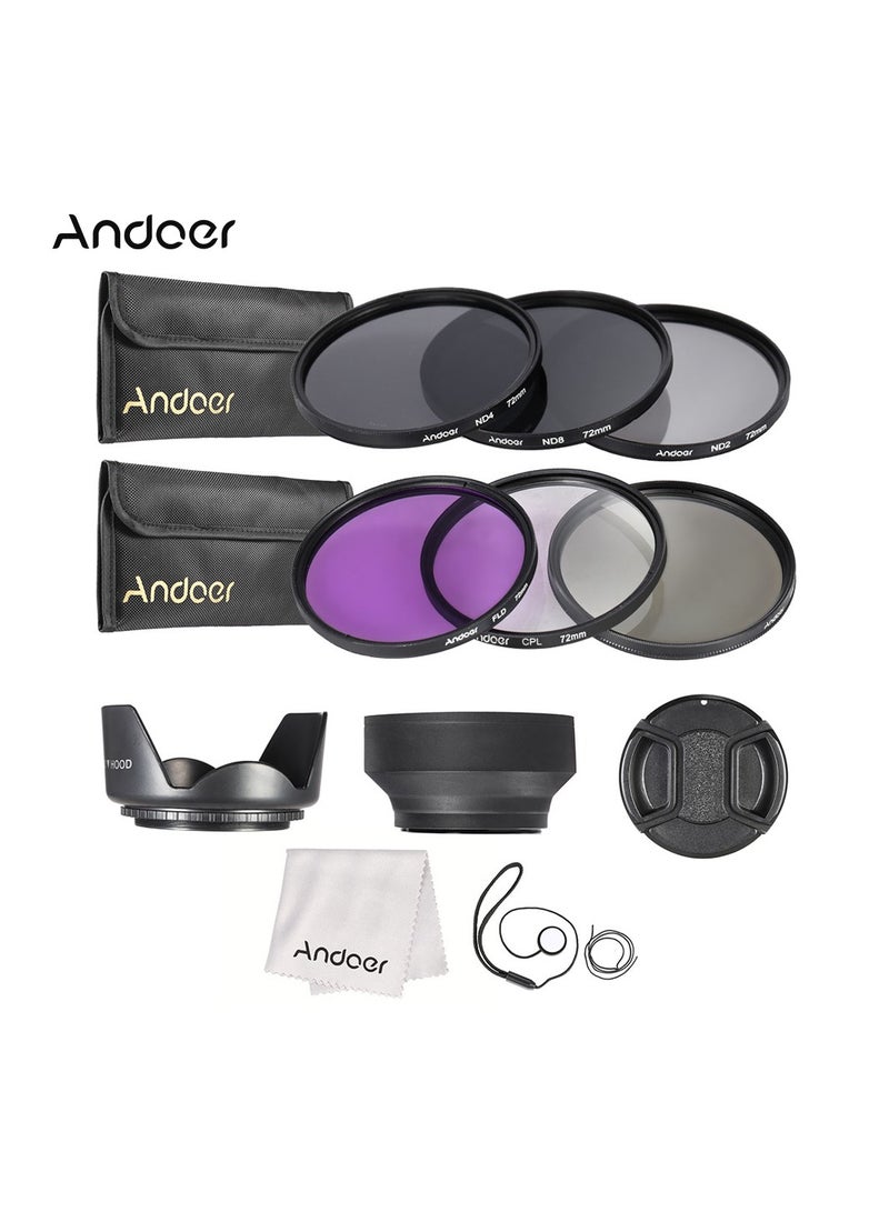 Andoer 72mm Lens Filter Kit UV+CPL+FLD+ND(ND2 ND4 ND8) with Carry Pouch / Lens Cap / Lens Cap Holder / Tulip & Rubber Lens Hoods / Cleaning Cloth