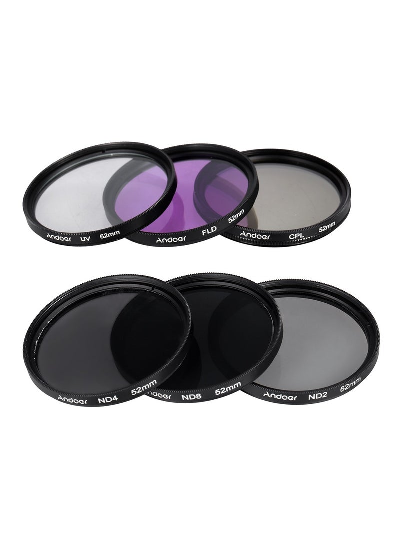 Andoer 52mm Lens Filter Kit UV+CPL+FLD+ND(ND2 ND4 ND8) with Carry Pouch / Lens Cap / Lens Cap Holder / Tulip & Rubber Lens Hoods / Cleaning Cloth