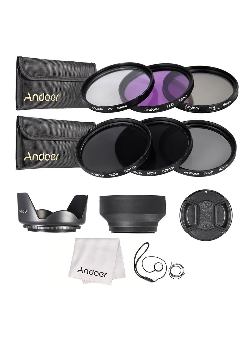 Andoer 52mm Lens Filter Kit UV+CPL+FLD+ND(ND2 ND4 ND8) with Carry Pouch / Lens Cap / Lens Cap Holder / Tulip & Rubber Lens Hoods / Cleaning Cloth