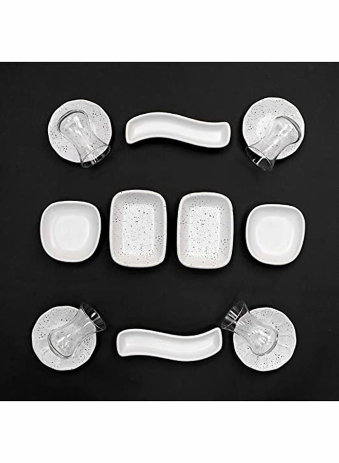 Kera Art Ceramic 19 Pieces Dinner Set includes 4 Round Plates, 4 Glass Cups, 4 Tea Saucers, 2 Sauce Bowls, 2 Boat Plate, 2 Soup Bowl & 1 Large Serving Platter Breakfast Set for 4 Persons | AKDC