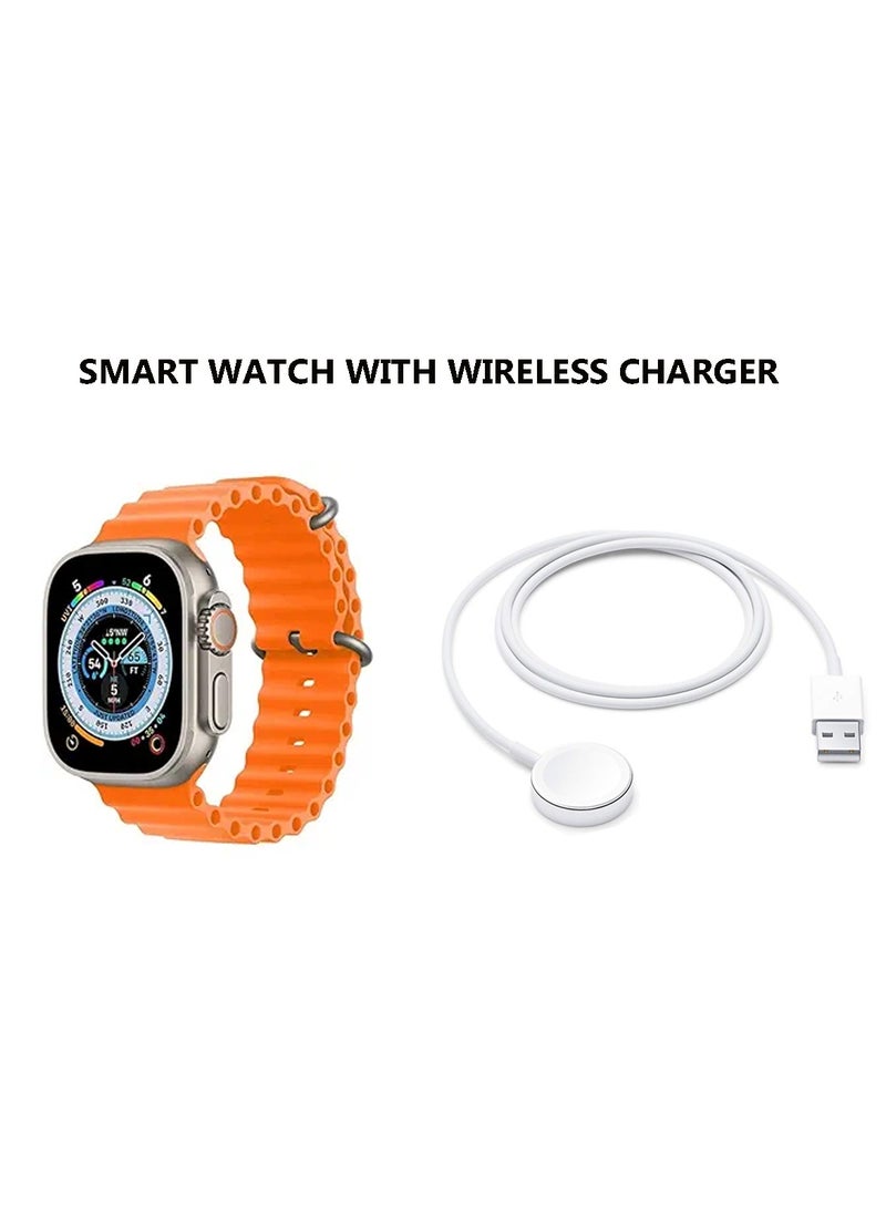 FEND DT No.1 Ultra plus 49mm smart watch with silicon band and wireless charger for men's and boys Orange