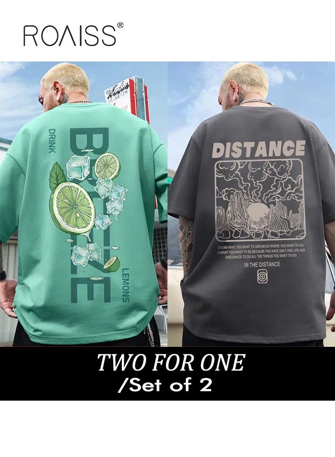 2Pcs Man's T-shirt Loose Version Trendy All-Match Pattern Printing Short Sleeves