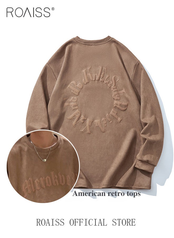 American Style Heavyweight Men Hoodie Back Printed Pullover Medium-Length Solid Color Round Neck Long Sleeves