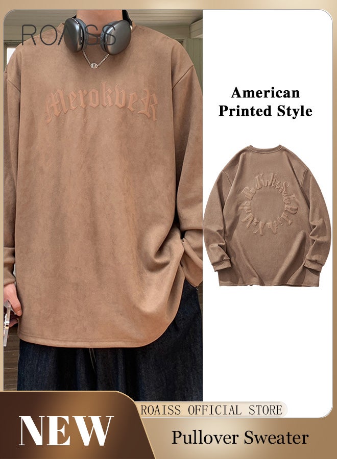 American Style Heavyweight Men Hoodie Back Printed Pullover Medium-Length Solid Color Round Neck Long Sleeves