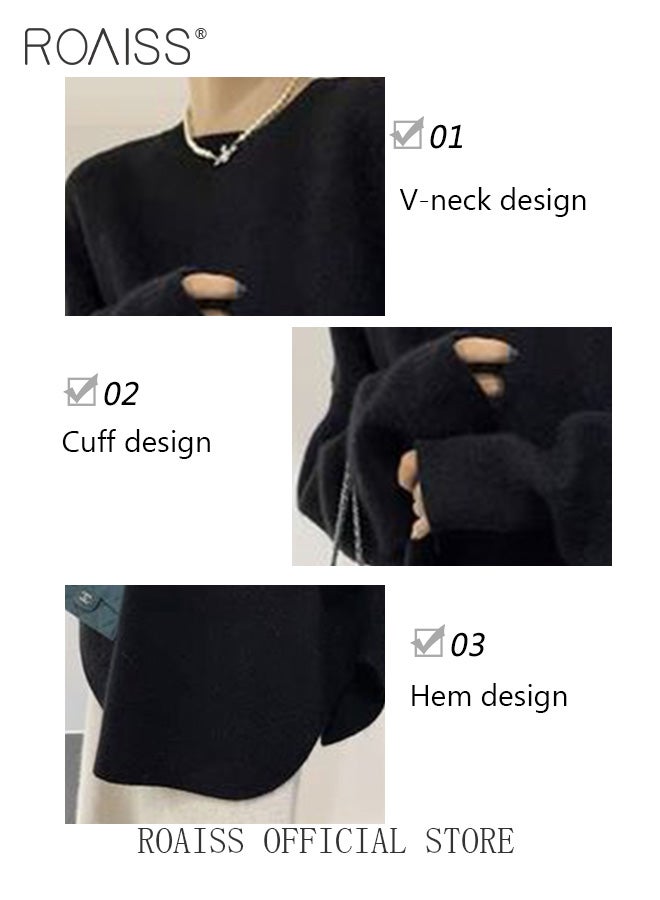 Ladies MediumLength Loose Sweater Lazy Style Solid Color Round Neck Long Sleeves Cashmere Fabric Cozy and Stylish