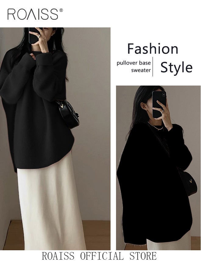 Ladies MediumLength Loose Sweater Lazy Style Solid Color Round Neck Long Sleeves Cashmere Fabric Cozy and Stylish