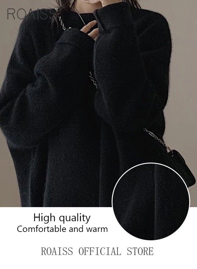 Ladies MediumLength Loose Sweater Lazy Style Solid Color Round Neck Long Sleeves Cashmere Fabric Cozy and Stylish