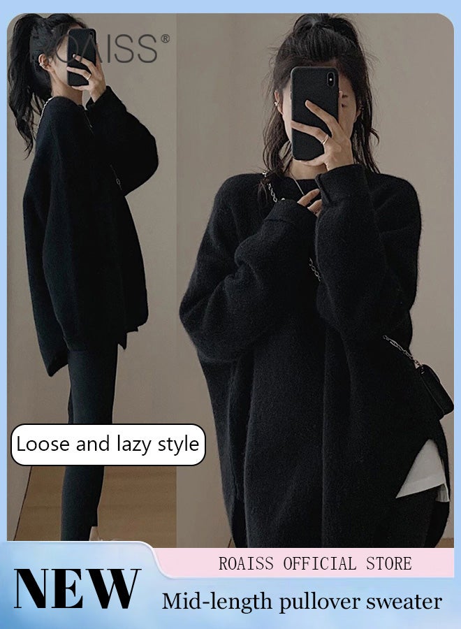 Ladies MediumLength Loose Sweater Lazy Style Solid Color Round Neck Long Sleeves Cashmere Fabric Cozy and Stylish