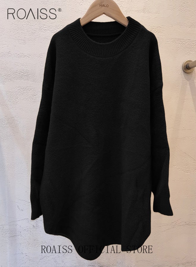 Ladies MediumLength Loose Sweater Lazy Style Solid Color Round Neck Long Sleeves Cashmere Fabric Cozy and Stylish