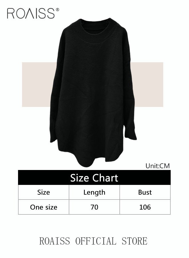 Ladies MediumLength Loose Sweater Lazy Style Solid Color Round Neck Long Sleeves Cashmere Fabric Cozy and Stylish