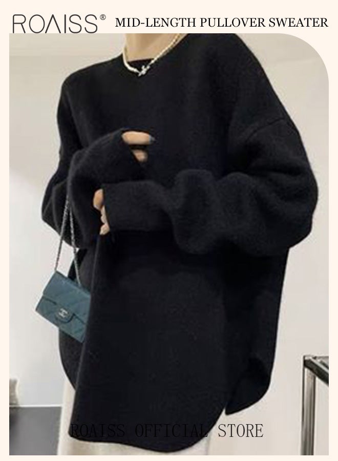 Ladies MediumLength Loose Sweater Lazy Style Solid Color Round Neck Long Sleeves Cashmere Fabric Cozy and Stylish