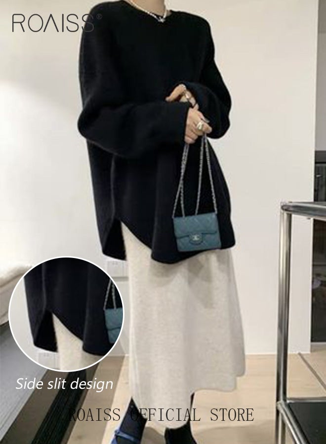 Ladies MediumLength Loose Sweater Lazy Style Solid Color Round Neck Long Sleeves Cashmere Fabric Cozy and Stylish