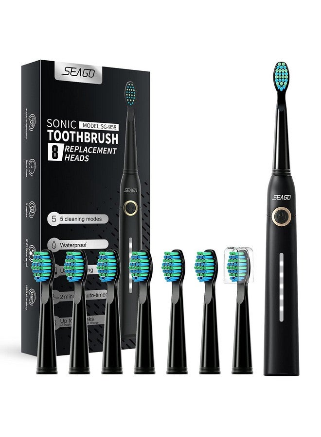 Eago Electric Toothbrush For Adults With 8 Brush Heads And 5 Modes Rechargeable Sonic Toothbrush One Charge For 30 Days Travel Electric Toothbrushes With 2 Mins Timer(Black)