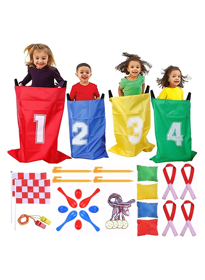 32 Pcs Sports Day Kit Sack Race Set Bean Bag Toss Fun Outdoor Garden Family Game for Adults And Kids Includes 4 Coloured Sack 4 Eggs 4 Spoons 4 Bean Bags 2 Whistles and other