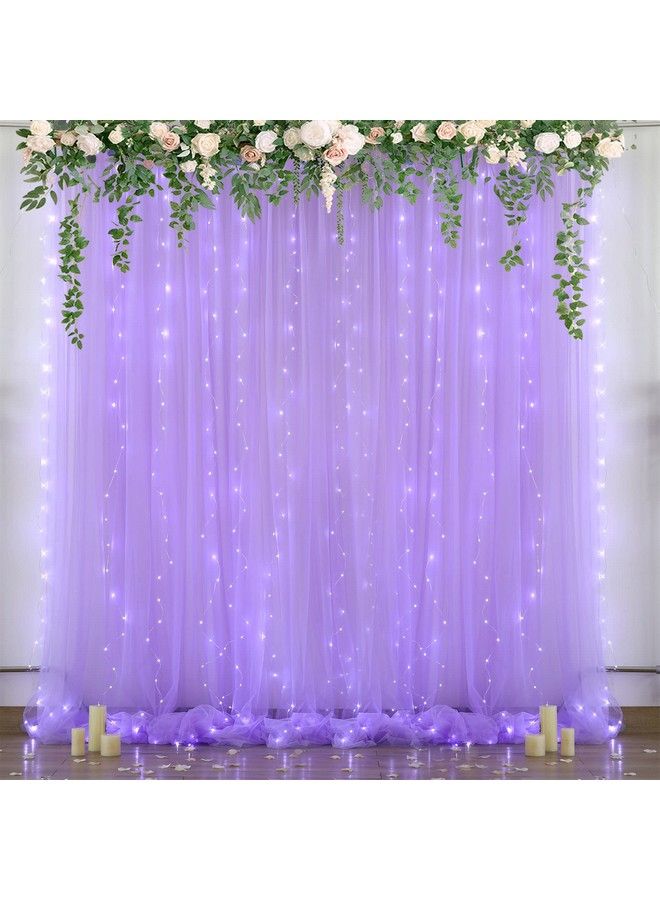 Lavender Sheer Backdrop Curtain With Led Lights For Baby Shower Girls 10Ft X 10Ft Lavender Tulle Backdrop Curtain For Wedding Bridal Shower Elephant Birthday Party Photoshoot Background Decorations