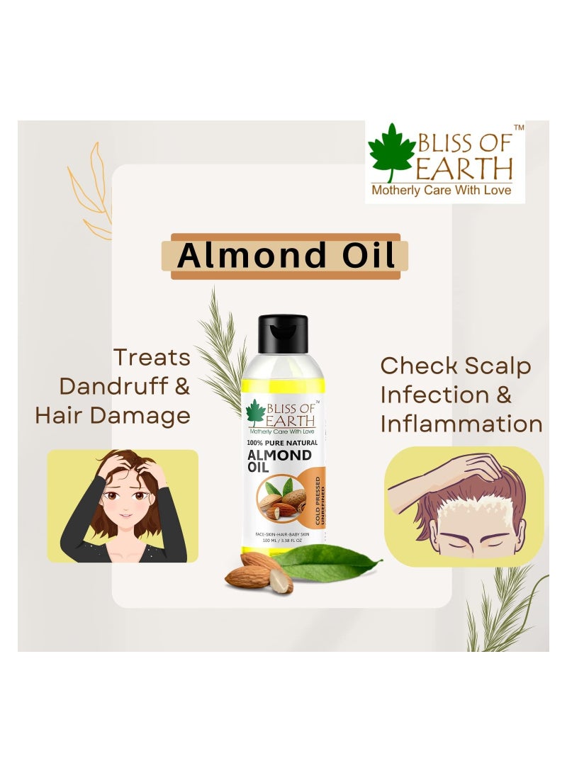 100% Pure & Natural Sweet Almond Oil Coldpressed & Unrefined Extracted From Whole Almond Kernels 100ML Pack of 4