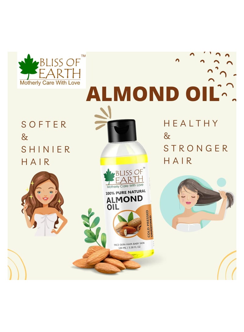 100% Pure & Natural Sweet Almond Oil Coldpressed & Unrefined Extracted From Whole Almond Kernels 100ML Pack of 4