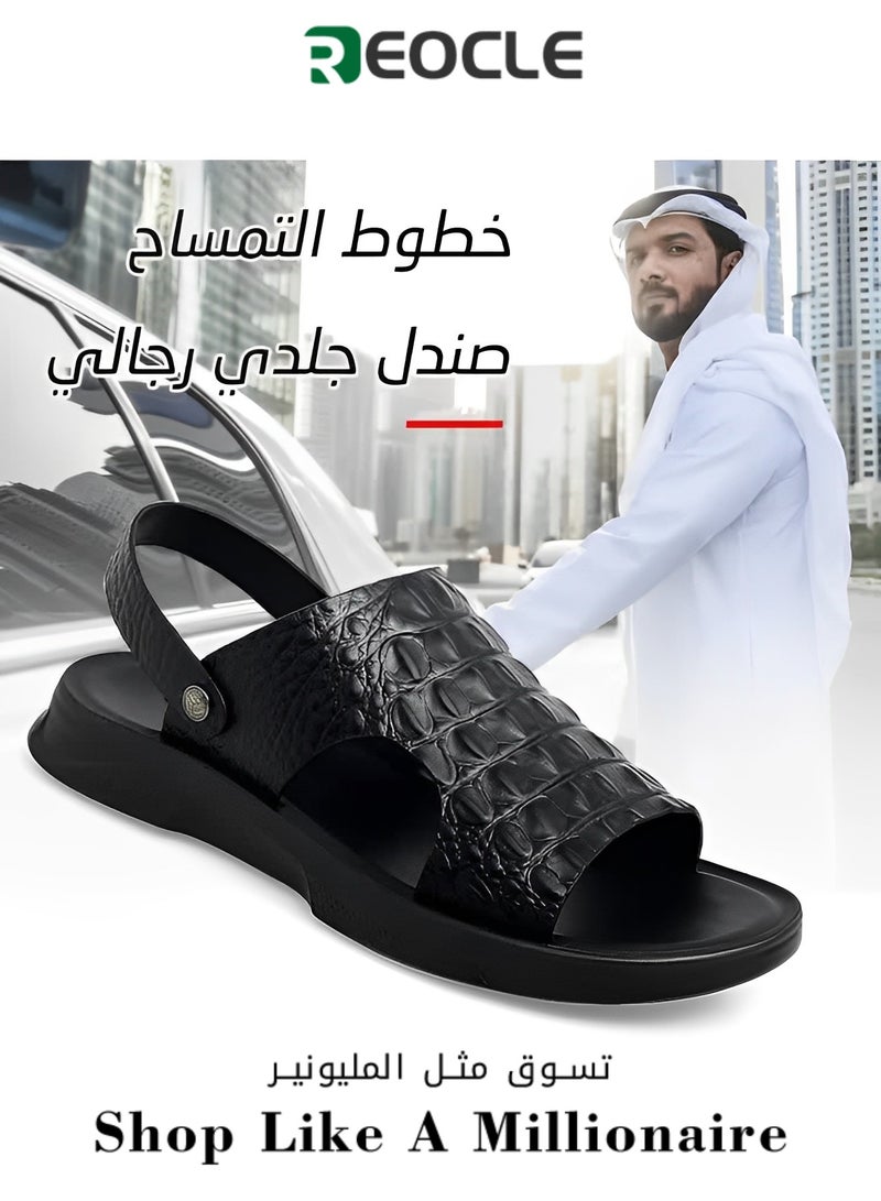 Men's Classic Sandals with Leather Crocodile Pattern & Cushioned Thick Sole Non Slip Hiking Sandals for Beach & Swimming Pool & Water Sports & Walking