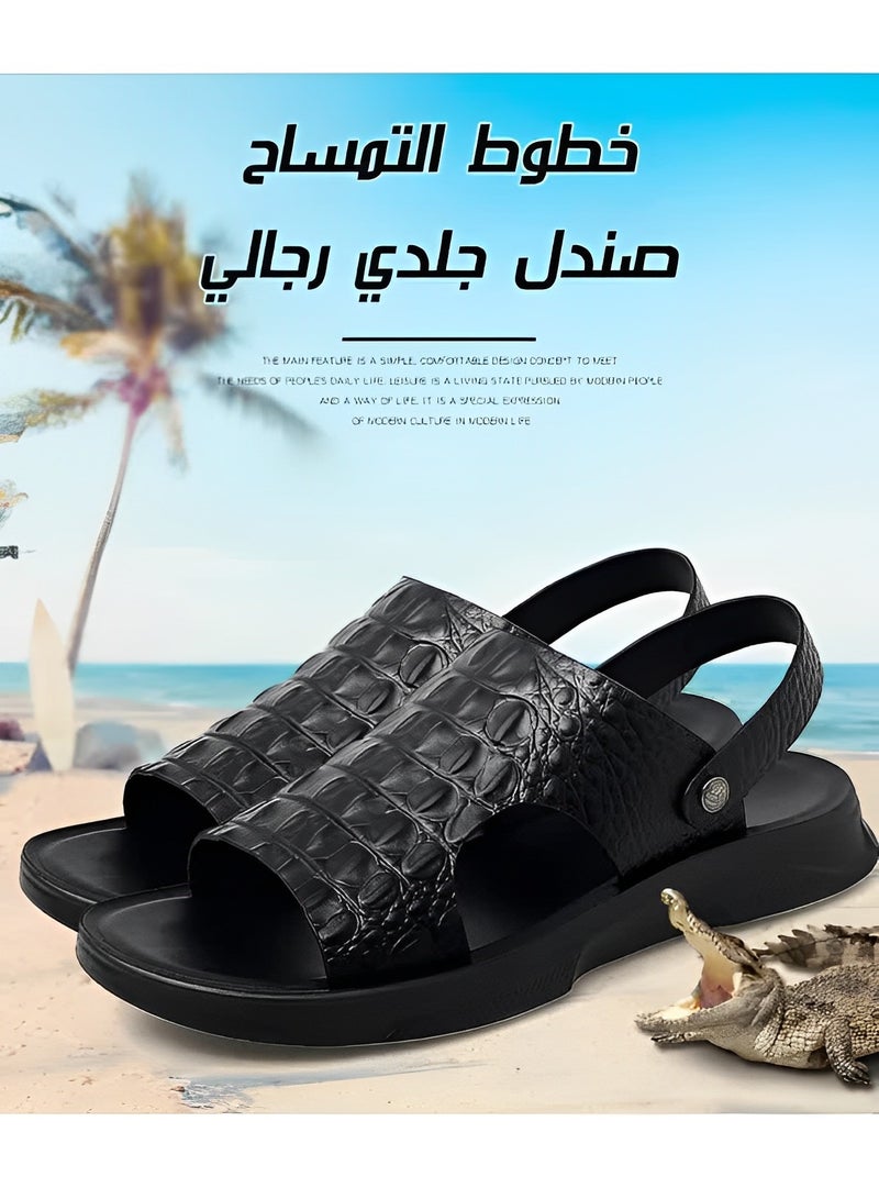 Men's Classic Sandals with Leather Crocodile Pattern & Cushioned Thick Sole Non Slip Hiking Sandals for Beach & Swimming Pool & Water Sports & Walking