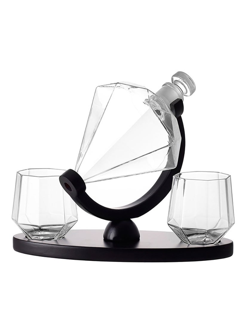 Decanter Diamond Shape Comes with 2 Diamond Tumblers and Wooden Holder Classic Italian Craftsmanship Crystal Decanter Tumbler Set (B)