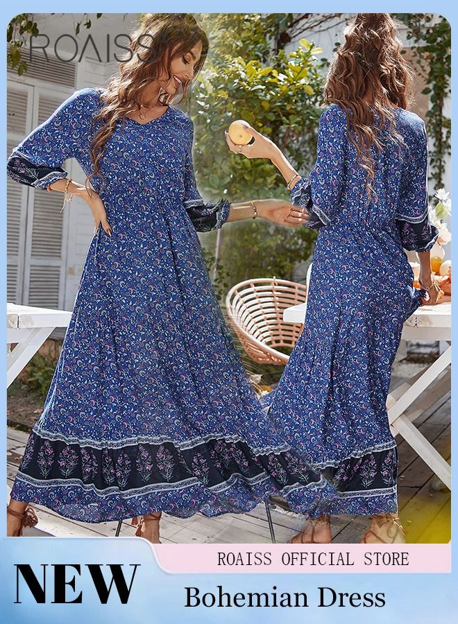 Ladies Dress A-Line Long Sleeves Big Hem Floral Pattern Bohemian Style