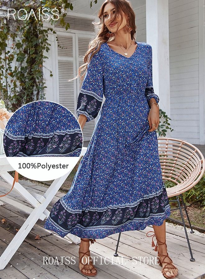 Ladies Dress A-Line Long Sleeves Big Hem Floral Pattern Bohemian Style