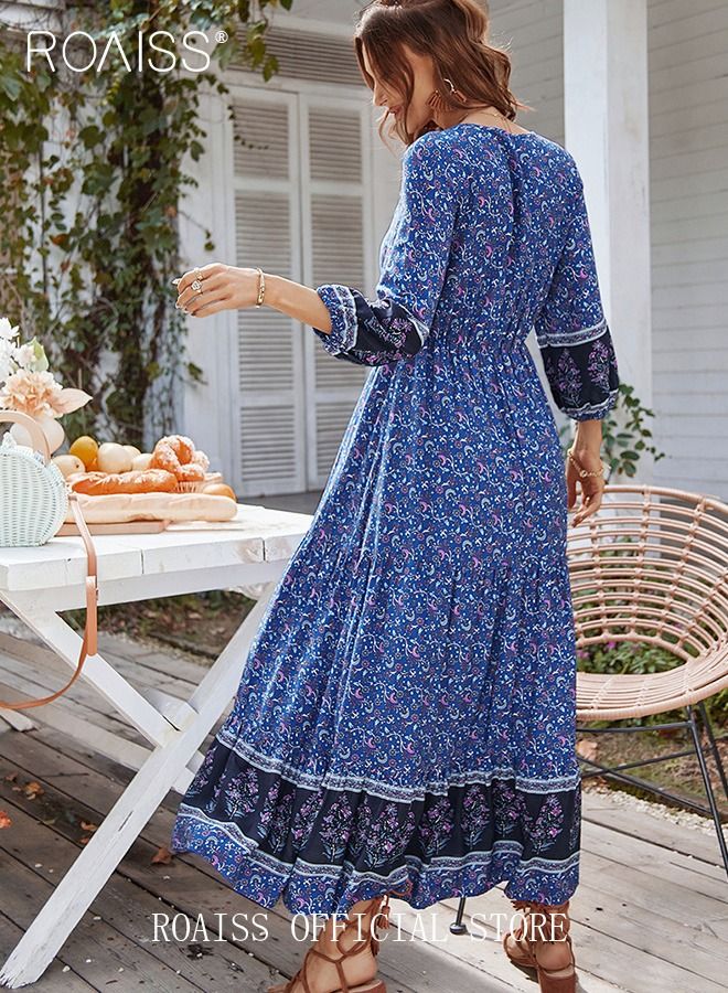 Ladies Dress A-Line Long Sleeves Big Hem Floral Pattern Bohemian Style
