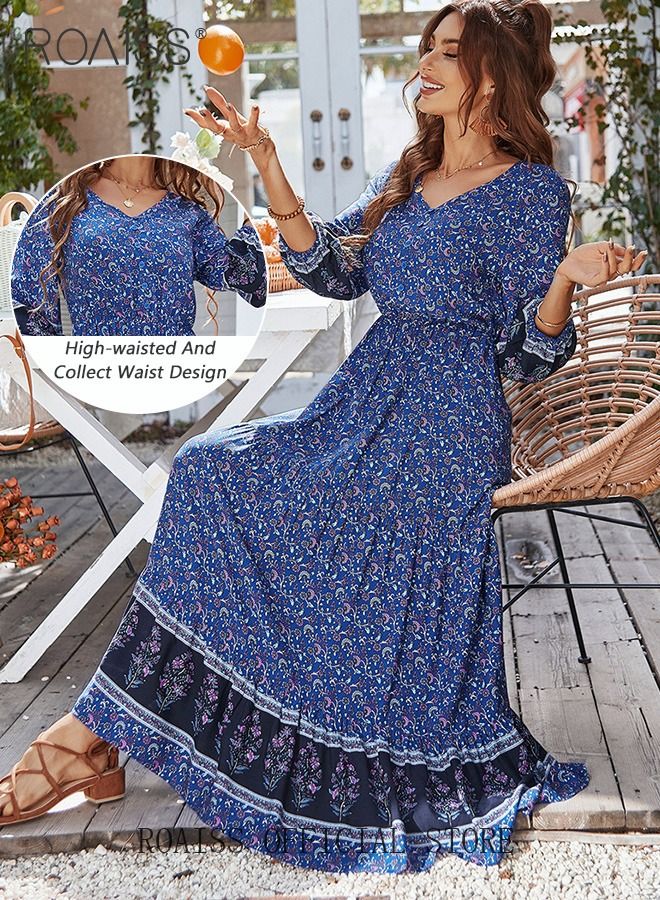 Ladies Dress A-Line Long Sleeves Big Hem Floral Pattern Bohemian Style