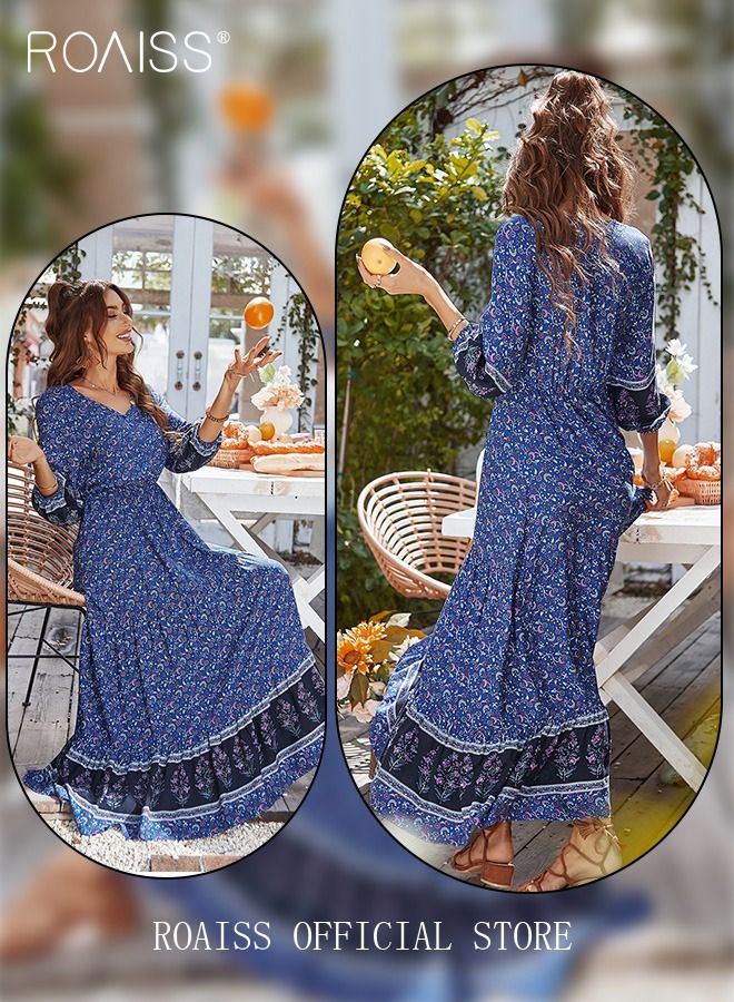 Ladies Dress A-Line Long Sleeves Big Hem Floral Pattern Bohemian Style
