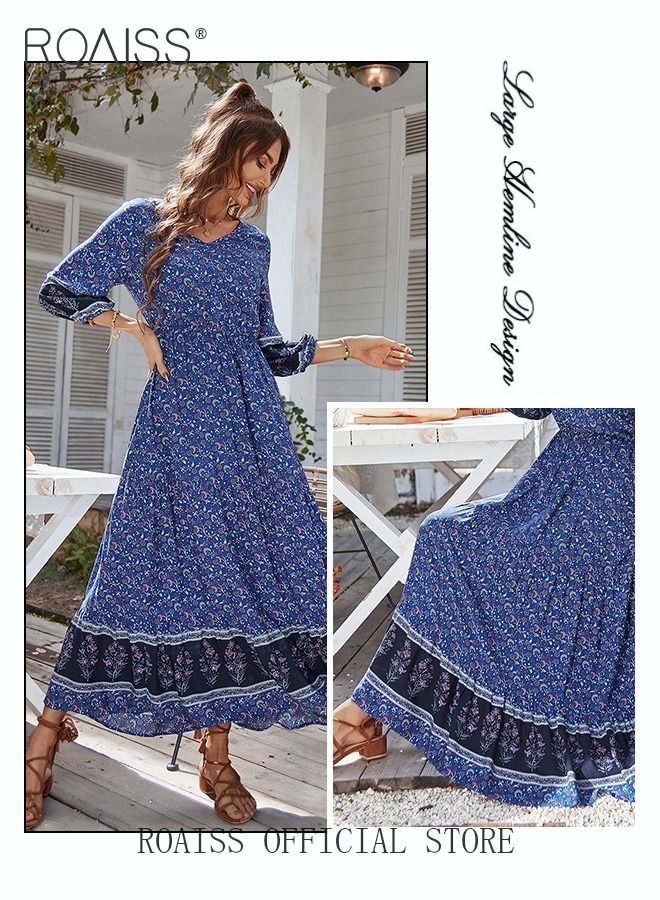 Ladies Dress A-Line Long Sleeves Big Hem Floral Pattern Bohemian Style