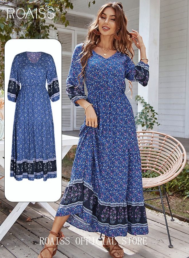 Ladies Dress A-Line Long Sleeves Big Hem Floral Pattern Bohemian Style
