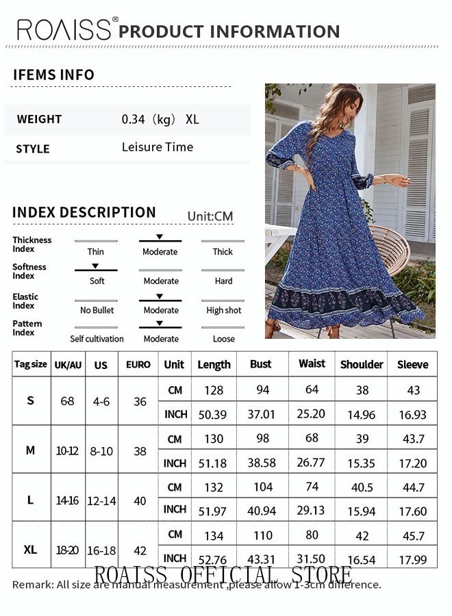 Ladies Dress A-Line Long Sleeves Big Hem Floral Pattern Bohemian Style