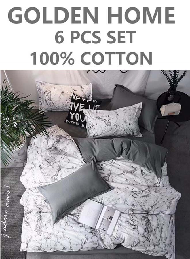 6-Piece Single Size Cotton Printed Combination Duvet Cover Set Includes 1xFitted Bedsheet 120x200+30cm, 1xDuvet/Bed Cover 160x210 cm, 2xPillowcase 55x80cm, 2xCushion Case 45x70cm Multicolour