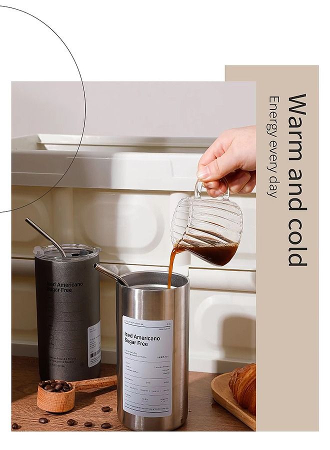 Reusable Simple Insulated Iced Coffee Stainless Steel Cup 600ML with Lid and Straw, Double Layer Design of Cup Body Allows for Filling In Both Cold and Hot Drinks, for Travel or Holiday Gifts