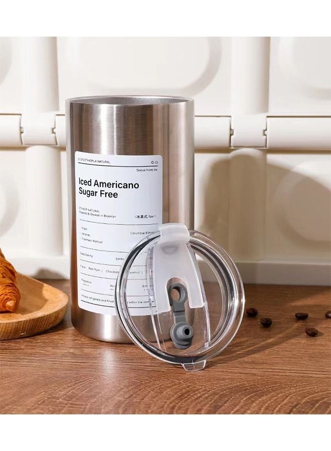Reusable Simple Insulated Iced Coffee Stainless Steel Cup 600ML with Lid and Straw, Double Layer Design of Cup Body Allows for Filling In Both Cold and Hot Drinks, for Travel or Holiday Gifts