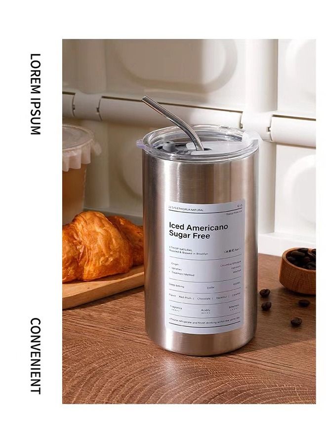 Reusable Simple Insulated Iced Coffee Stainless Steel Cup 600ML with Lid and Straw, Double Layer Design of Cup Body Allows for Filling In Both Cold and Hot Drinks, for Travel or Holiday Gifts