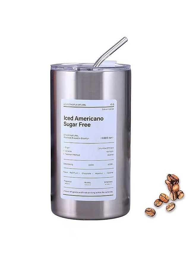 Reusable Simple Insulated Iced Coffee Stainless Steel Cup 600ML with Lid and Straw, Double Layer Design of Cup Body Allows for Filling In Both Cold and Hot Drinks, for Travel or Holiday Gifts