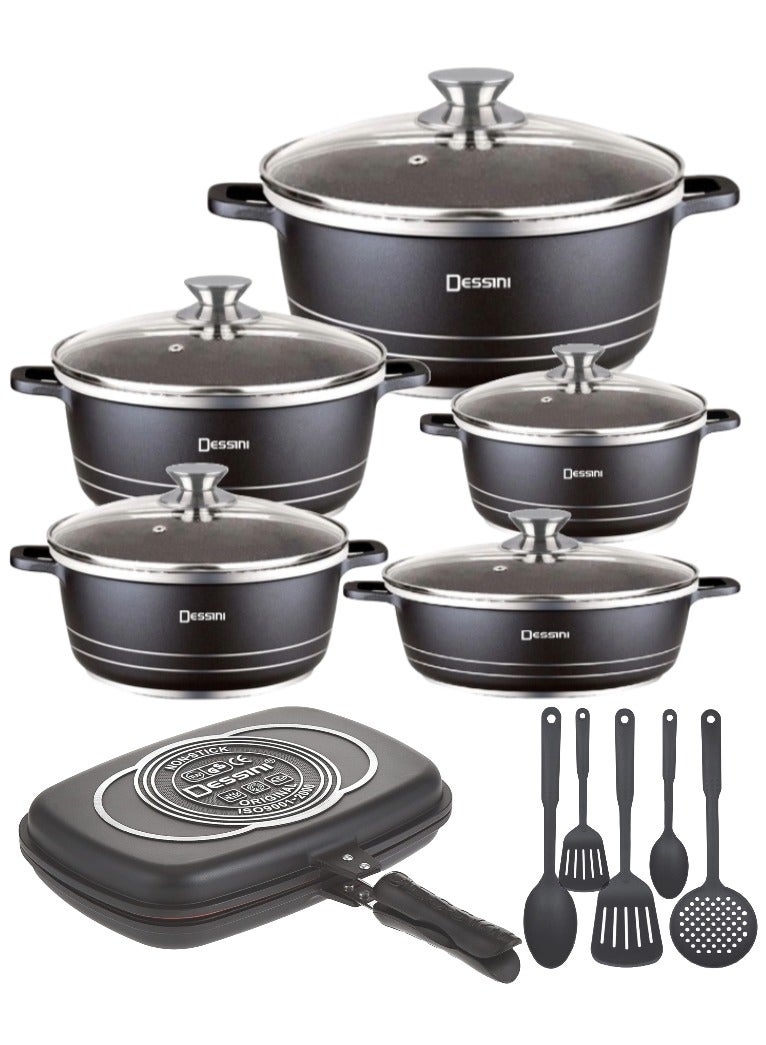 16 Pieces Combo Cookware Set Includes Double Grill Pan, 10 pcs Casserole Pot Set and Spatula Sets Black