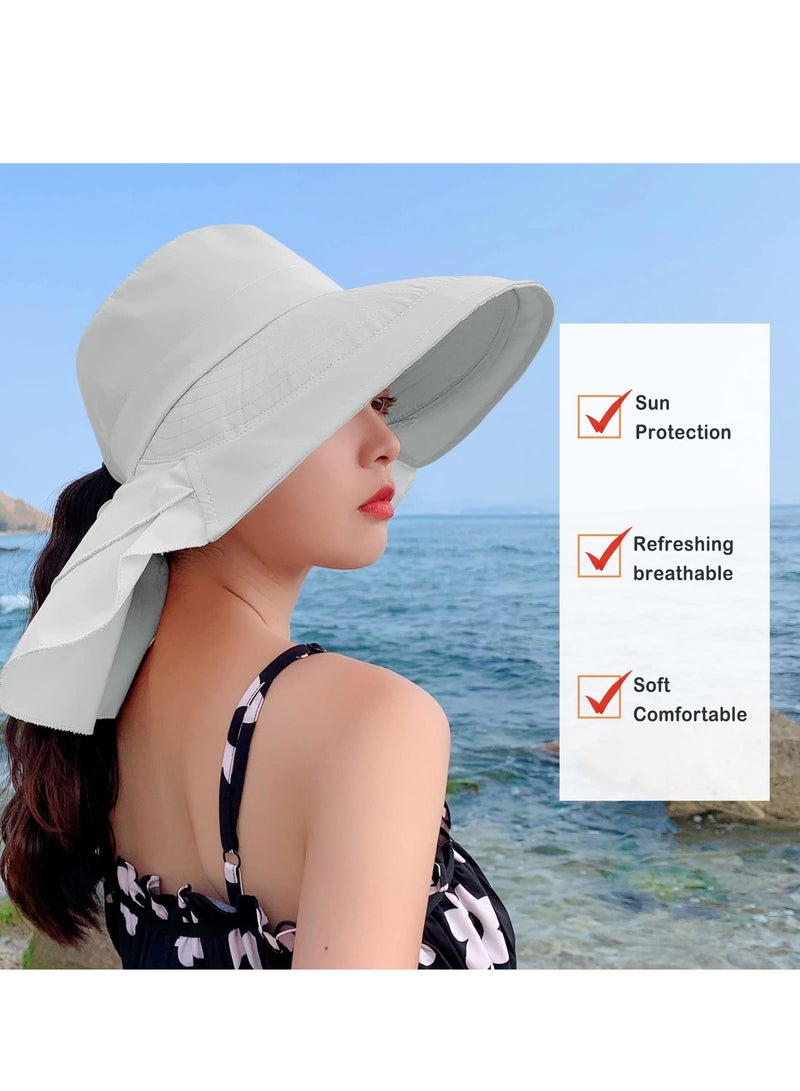 Women's Sun Hat Adjustable Beach Visor Fishing Hat with Neck Flap Summer Sun Hat Wide Brim Outdoor UV Protection Hat Ponytail Bucket Cap for Beach Fishing Hiking Travel Light Gray