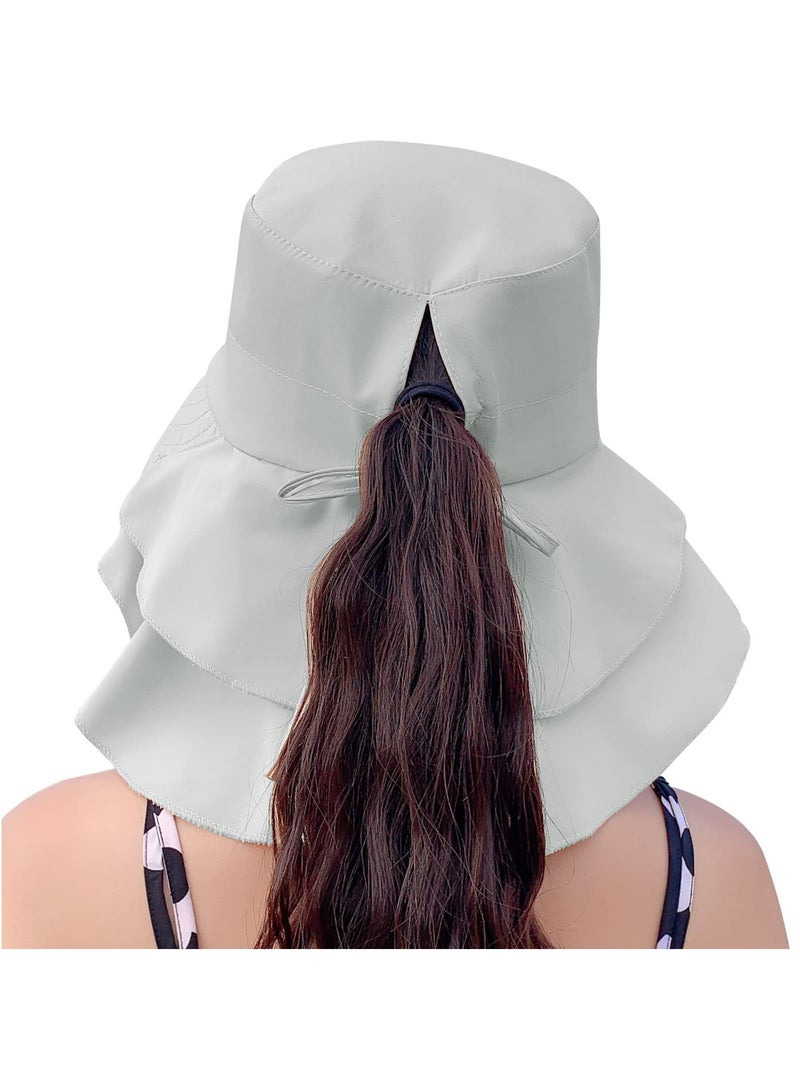 Women's Sun Hat Adjustable Beach Visor Fishing Hat with Neck Flap Summer Sun Hat Wide Brim Outdoor UV Protection Hat Ponytail Bucket Cap for Beach Fishing Hiking Travel Light Gray