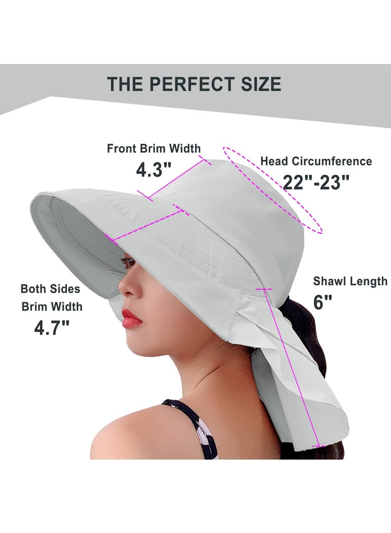 Women's Sun Hat Adjustable Beach Visor Fishing Hat with Neck Flap Summer Sun Hat Wide Brim Outdoor UV Protection Hat Ponytail Bucket Cap for Beach Fishing Hiking Travel Light Gray