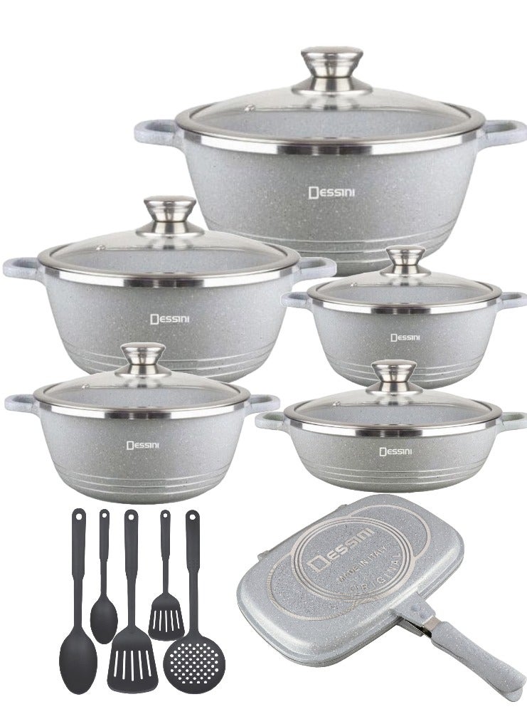 16 Pieces Combo Granite Cookware Set Includes 36cm Double Grill Pan, 10 pcs Casserole Pot Set and Spatula Sets Grey