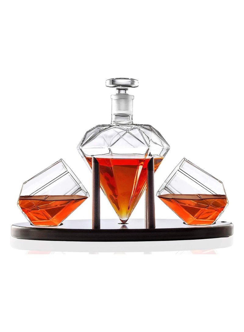 Decanter Diamond Shape Comes with 2 Diamond Tumblers and Wooden Holder Classic Italian Craftsmanship Crystal Decanter Tumbler Set (A)