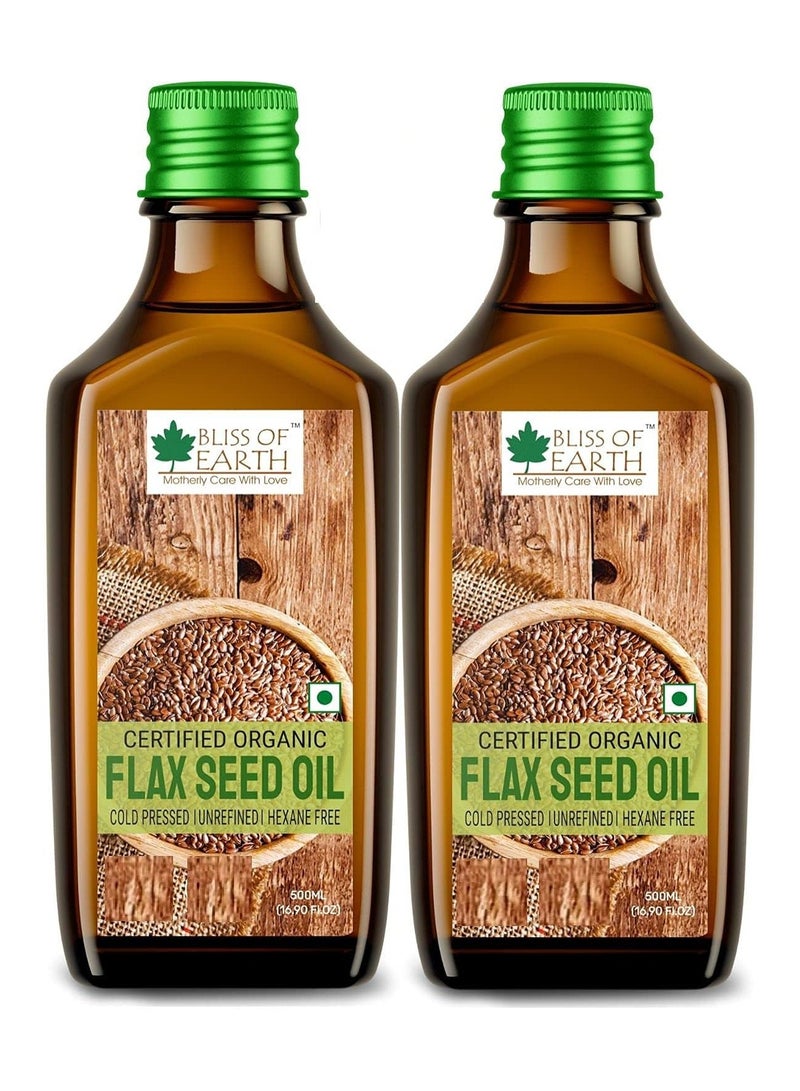 Bliss of Earth 500ML Flaxseed oil Pure natural organic plant based OMEGA rich cold pressed Hexane Free for Healthy Hair & Skin Pack of 2